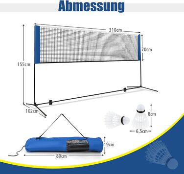 Набір для бадмінтону GYMAX, сітка для бадмінтону з підставкою, сітка для вправ регульована по висоті та портативна, сітка для бадмінтону з сумкою для перенесення та 2 воланами, тенісна сітка для саду, пляжу та заднього двору 420 см