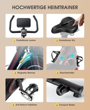 Велотренажер Heimtrainer з додатком, тихий LCD ергометр до 150 кг, 15 кг маховик, спінбайк для дому з регулюванням опору, м'яке сидіння
