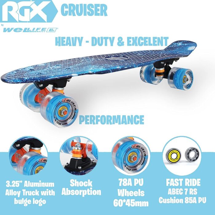 Скейтборд Mini Cruiser Series RGX Skate 22 дюйми 56см для дітей Підлітки Дорослий скейтборд з колесами, що світяться, PU 78A Cruiser з кольоровими вогнями Flash Світлодіодний кульковий підшипник ABEC-7