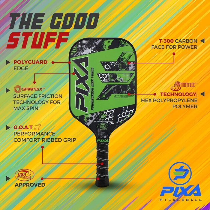 Набір для піклболу PIXA Powercrush Max Force: 2 ракетки з T-300 карбону, SpinMax-покриття, 16 мм, 4 м'ячі, 2 охолоджувальні рушники, сумка, для початківців і досвідчених