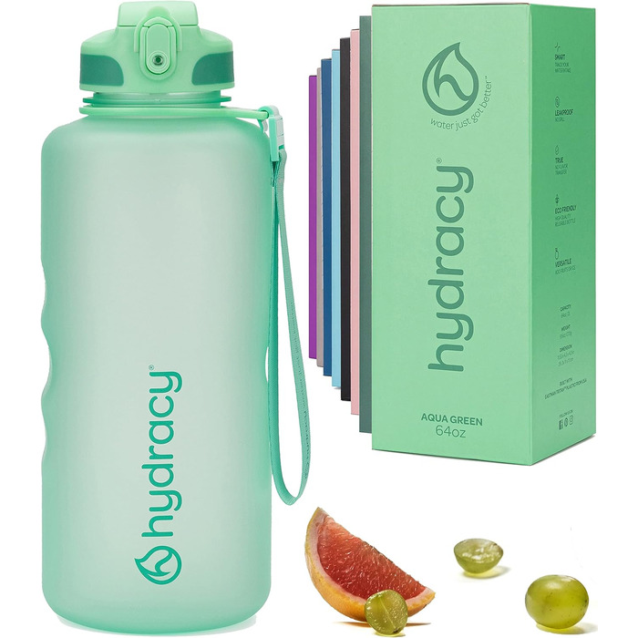 Пляшка для води Hydracy з трубочкою та часовими мітками, 2 л, BPA-free, герметична, спортивна, без конденсату, для спорту та активного відпочинку, колір аква-зелений