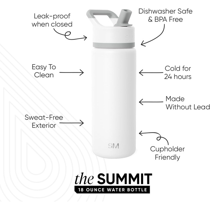 Термобутилка Simple Modern Summit 530 мл з трубочкою, нержавіюча сталь, ізольована, для спорту і фітнесу, біла