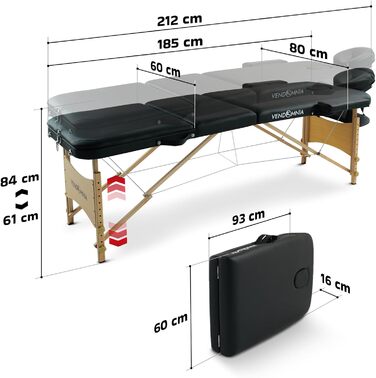 Масажний стіл VENDOMNIA - дерев'яні ніжки, 3 зони, аксесуари, чорний