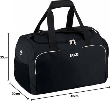 Спортивна сумка JAKO Classico Junior чорна 45x30x30 см для чоловіків, з внутрішньою кишенею, містким основним відділенням на двосторонній блискавці та сітчастою кишенею