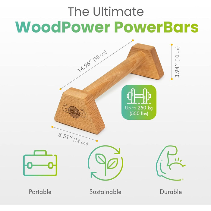 Дерев'яні паралетки WOODPOWER PowerBars, зручні для суглобів ручки для віджимань, стійки на руках і міні-бари, нековзкі для приміщень і вулиці для гімнастики, тренувань з власною вагою та йоги (XS - Long)