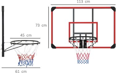 Кільце баскетбольне SPORTNOW, Баскетбольна дошка з кошиком, Баскетбольна сітка з баскетбольною дошкою, Настінна, Зовнішня, Сталева, 113 x 61 x 73 см (ЧорнийПрозорийЧервоний)