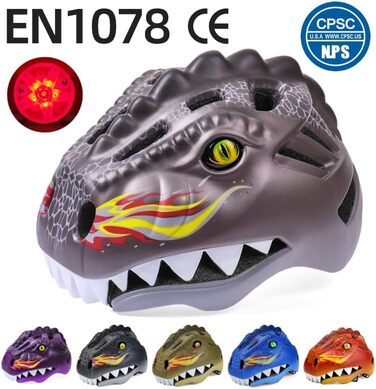 Дитячий велосипедний шолом з LED-підсвіткою 3D динозавр, регульований, для хлопчиків і дівчаток 3-8 років, для велосипеда, скейтборда, самоката, захисний, дихаючий