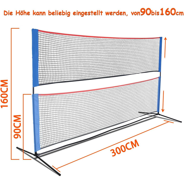 Сітка для бадмінтону Kapler для піклболу, волейболу, тенісу, регульована по висоті для дорослих і дітей, від 300х90 до 160 см, включаючи два м'ячі для бадмінтону і тенісні м'ячі, зручна для перенесення