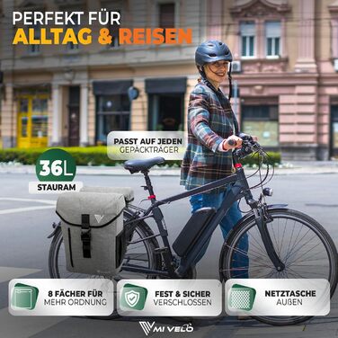 Подвійна велосипедна сумка MIVELO 36 л з переробленого матеріалу для багажника, сіра, сумісна з MIK і Racktime