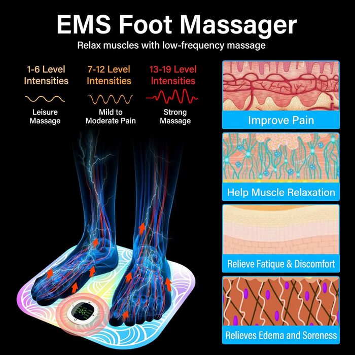 Масажер для ніг EMS, 8 режимів, 19 інтенсивностей, килимок для м'язів