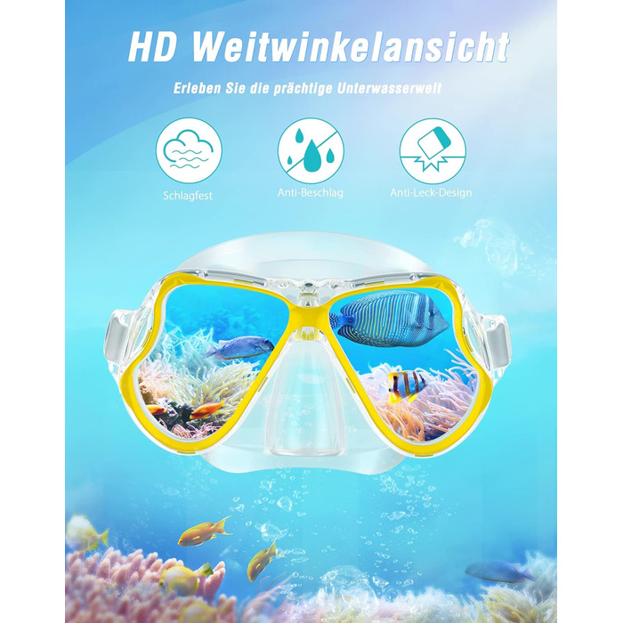 Набір сухих трубок QcoQce, маска для дайвінгу проти запотівання та панорамного виду, легке дихання та професійна маска для підводного плавання з м'яким мундштуком, набір трубок для дорослих жовтий