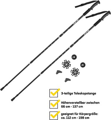 Телескопічні палиці для ходьби JELEX Nature для скандинавської ходьби регульовані, в т.ч. різні насадки для активного відпочинку, надлегкі туристичні палиці з технологією антишок Black