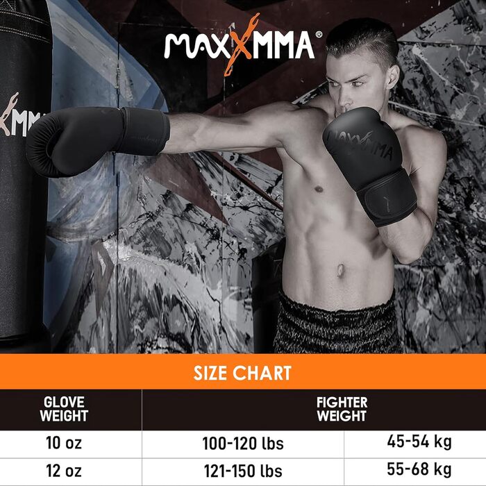 Боксерські рукавички MaxxMMA Pro Style для чоловіків і жінок, Тренувальні важкі рукавички для тренувань, Муай Тай, Спаринг Боксерська груша Робоча бійцівська груша 12 унцій Чорна