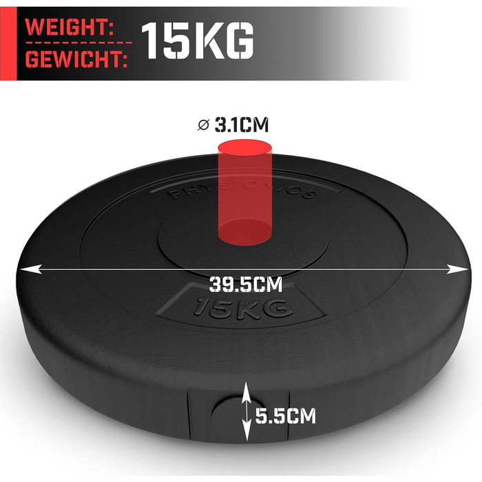 Фізіоніка Вагові пластини - Набір з 2 (2,5 кг / 5 кг / 10 кг / 15 кг), Ø 30 мм, пластик, чорний - Вагові пластини Набір ваг для гантелей/довгих гателів/гантелей (30 кг (2 х 15 кг))