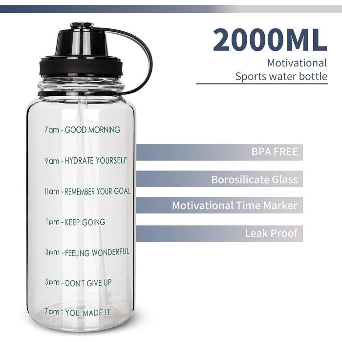 Літрова пляшка для води скляна з соломинкою та маркером часу, мотиваційна пляшка для води з неопреновим покриттям, велика скляна пляшка 2 л для фітнесу, дому та офісу, герметична, без BPA (зелена позначка часу), 4u 2-