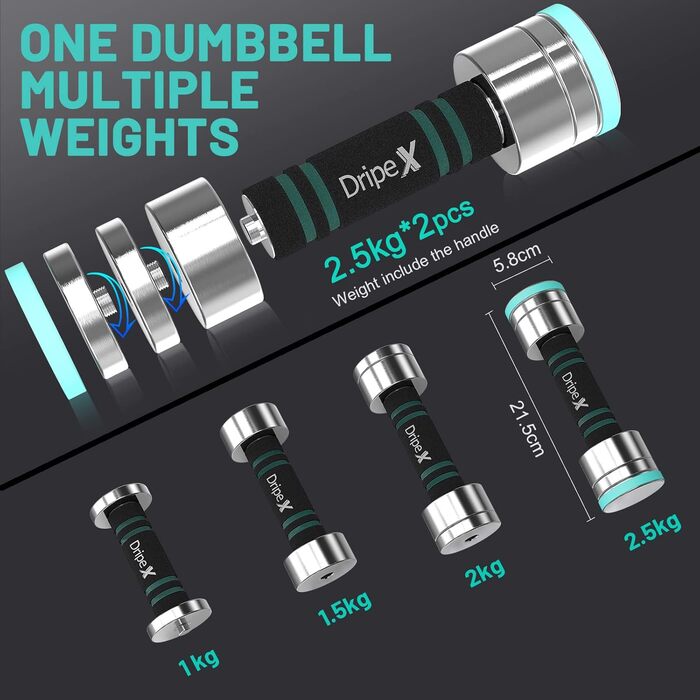 Набір гантелей Dripex, набір гантелей з 2 або індивідуально зі сталі 2,5 кг, 5 кг, 7,5 кг, 10 кг, 15 кг, 25 кг, 30 кг, 50 кг Набір регульованих гантелей з поролоновою ручкою, Фітнес Гантелі для дому 2 х 2,5 кг
