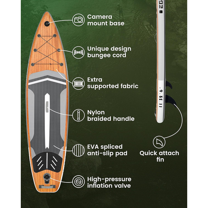 Надувна дошка для веслування EGGOEY , дуже широка дошка для веслування стоячи, дошка для сап зі знімним плавником, плаваюче весло, ручний насос, водонепроникна сумка, дошка для подорожей (текстура сірого дерева)