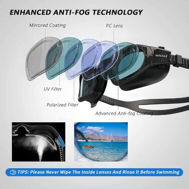 Поляризовані плавальні окуляри Whale A2 GE з антифогом та UV-захистом для дорослих, чоловіків і жінок