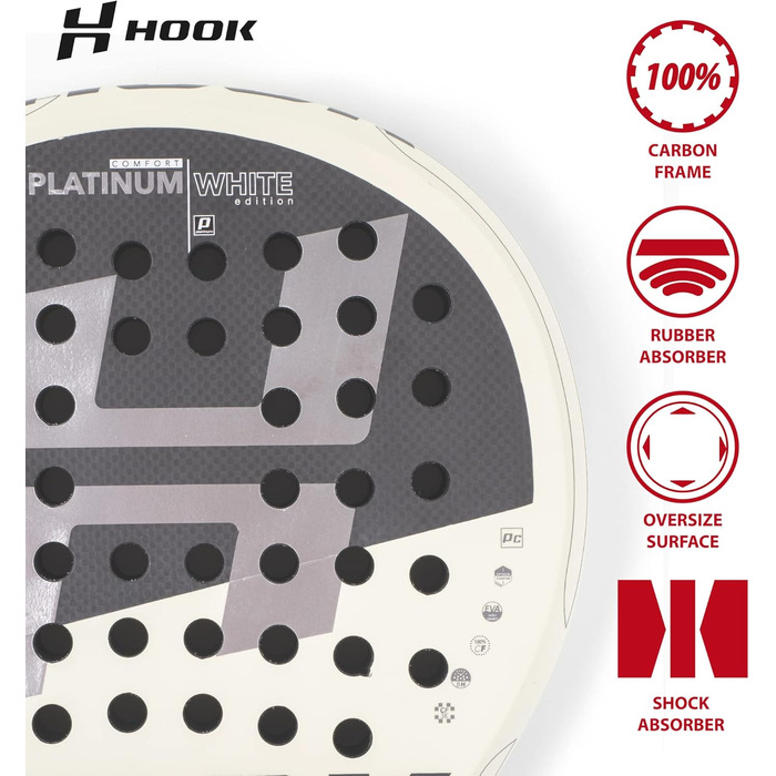 Ракетка Hook Platinum White унісекс Padel, 355/365 г, карбон, контроль