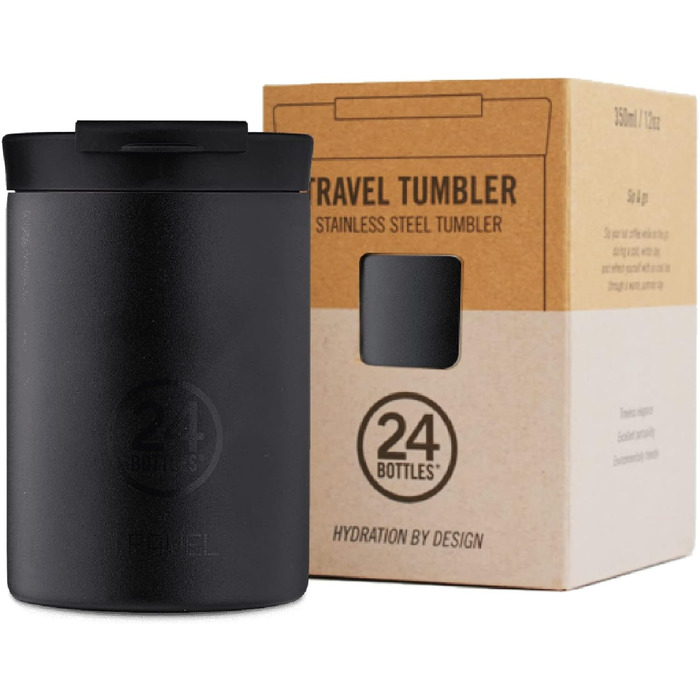 Термокружка 24BOTTLES Travel Tumbler 350 мл, термос для кави та чаю, сталева пляшка для напоїв, з герметичною кришкою, екологічна, чорна Tuxedo Black