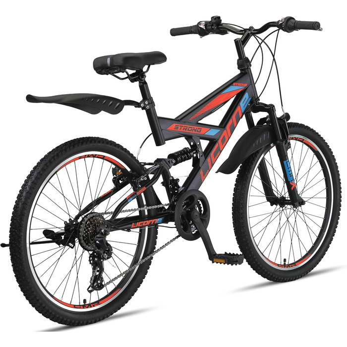 Гірський велосипед Licorne Bike PREMIUM Strong V 24 і 26 дюймів - велосипед для хлопчиків, дівчаток, жінок і чоловіків - 21 швидкісна передача - повна підвіска (чорний/синій/помаранчевий, 24,0 дюйма)