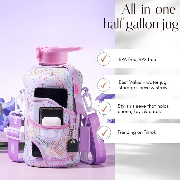 Пляшка для води H2O Capsule 2.2 л з чохлом і соломинкою, BPA-free, велика багаторазова фіолетова пляшка з ручкою та усмішкою