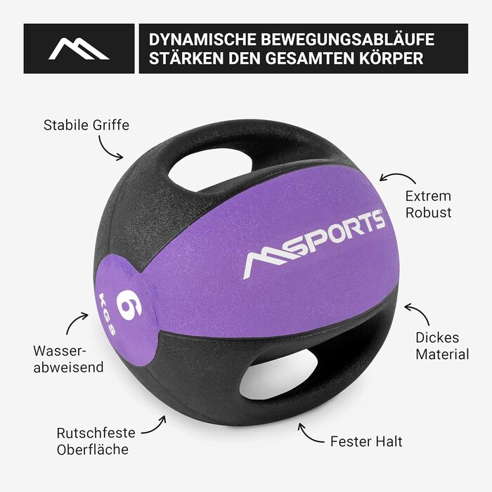 М'яч MSPORTS Med Ball Premium з ручками 1-10 кг (6 кг - фіолетовий)