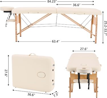 Масажний стіл YOUNIKE 2-зонний розкладний портативний масажний стіл з регульованим по висоті масажним столом з підголівником з дерев'яними ніжками та аксесуарами Сумка для перенесення Мобільне масажне ліжко крем бежевий