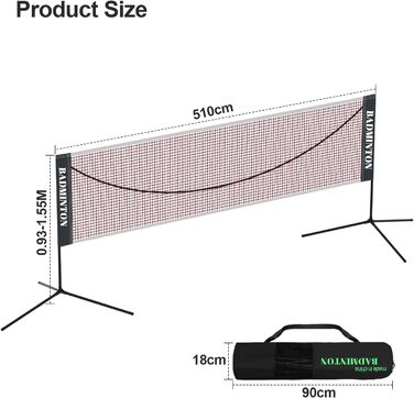Сітка для бадмінтону Ollewiellan, волейбольна сітка, регульована по висоті підставка та сумка для перенесення, легко збирається та розбирається, ідеальна спортивна сітка для тенісу, бадмінтону або волейболу (510 см)