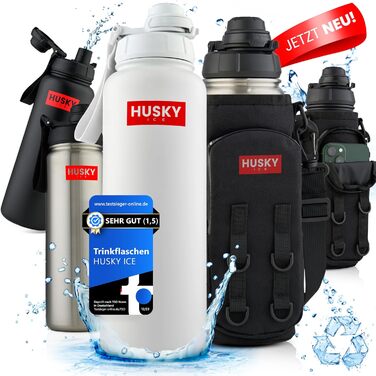 Пляшка для води з нержавіючої сталі HUSKY ICE з FREE сумкою для перенесення - 1,2 л - Термос без бісфенолу А, герметична та безпечна для миття в посудомийній машині Ізольована пляшка - Пляшка-термос з подвійними стінками, спортивна, відкрита (Біле видання