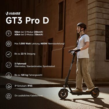 Електросамокат NAVEE GT3 Pro D для дорослих, 400W, запас ходу 60 км, чотирикратна амортизація, складаний, IPX5, TÜV, для міста, бруківки і схилів до 22%