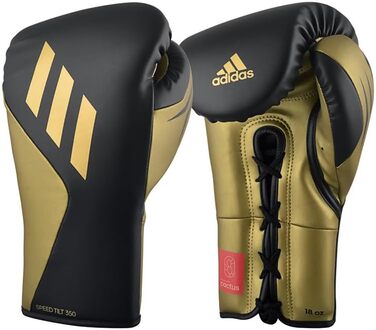 Боксерські рукавички adidas Tilt 350 Pro 16 унцій, унісекс, чорні/золоті, нова технологія нахилу, шнурівка, еко-веганська шкіра, для боксу, кікбоксингу, ММА, тренувань