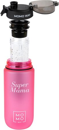 Пляшка для води MOMO WAY Super Mama Тританова пляшка для води з контейнером для фруктів Багаторазовий подарунок Mother без BPA Закриття в 1 клік Super Mama Super Mama (600 мл, Super Mama 600 мл рожевий)