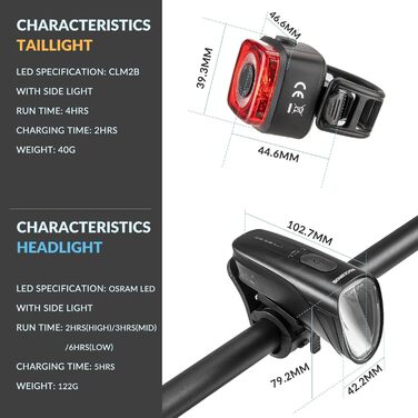 ROCKBROS LED велосипедне світло, USB зарядка, водонепроникний ліхтар для велосипеда, комплект переднього та заднього ліхтаря, 100 Люкс, чорний