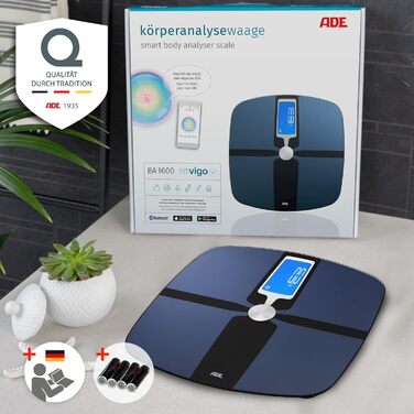 Розумні ваги для аналізу складу тіла ADE BA 1600 FITvigo, з Bluetooth та додатком, вимірювання ваги, жиру, води, м'язової маси, ІМТ, сині