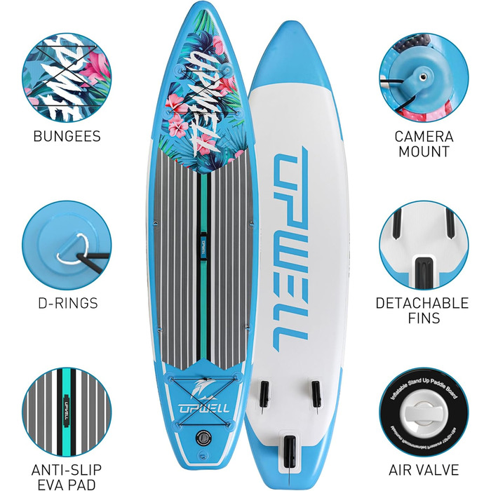 Надувна SUP дошка UPWELL 11'/10'6'/10'2' з аксесуарами: рюкзак, комплект для ремонту, нековзка дека, лиш, 3 плавники, весло та насос