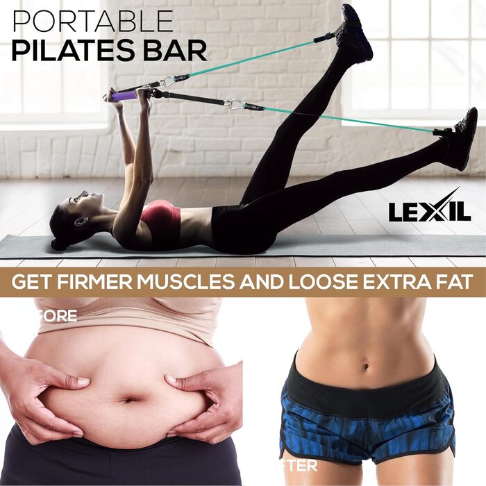 Портативний набір вправ LEXIL Pilates Bar, штабельований, 3 пари стрічок опору (15, 20, 13,6 кг) - Домашнє фітнес-обладнання для чоловіків і жінок, Набір для тренувань тонусу тіла, з відео з фітнесом фіолетовий