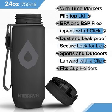 Спортивна пляшка Embrava 680 мл з часовими мітками, BPS-free, герметична, для фітнесу, спорту та походів