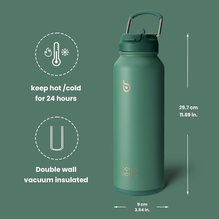 Спортивна термос-пляшка bottlebottle 1 л з нержавіючої сталі, ізоляцією, трубочкою та контейнером для пігулок, зелена