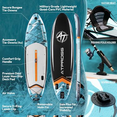 Надувна SUP-дошка ATPROSS 350x89x15 см, витримує до 200 кг, широка, для дорослих, з набором аксесуарів і рюкзаком, стійка, нековзка, для йоги, риболовлі та серфінгу