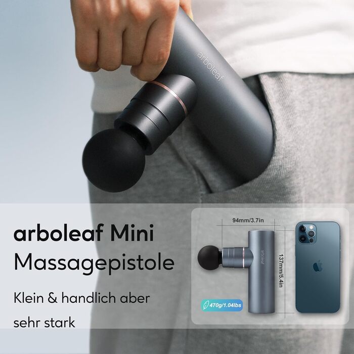 Масажний пістолет Arboleaf Mini Massage Gun, 3200 об/хв 0,47 кг з силіконовими насадками AI Levels 4, безшумний м'язовий пістолет з мішком Muscle Gun для розслаблення м'язів Потужна батарея USB-C (сірий з коробкою)