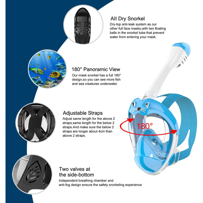 Маска для підводного плавання, маска для дайвінгу Jwintee Маска для підводного плавання Маска для всього обличчя, зручна, водонепроникна, захист від запотівання, панорамний огляд 180, кріплення для камери знімається за бажанням Зовнішній вигляд дуже приєм