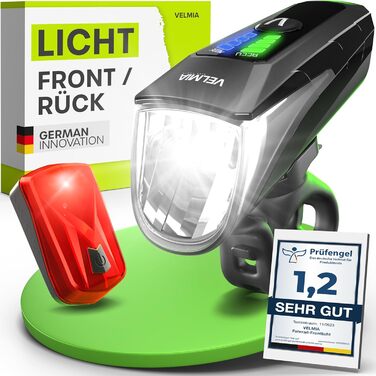 Набір велосипедних LED фар VELMIA StVZO, USB акумулятор, 8,5 годин, водостійкі, переднє і заднє світло, 70 люкс, золотий