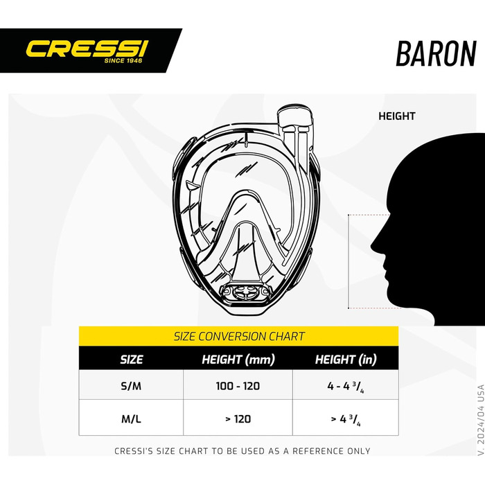 Маска Cressi Baron Full Face, Повнолицева маска для підводного плавання проти запотівання, Comfort Face, випускний клапан і сухий мундштук, доступний для дорослих і дітей, чорний/чорний, S/M