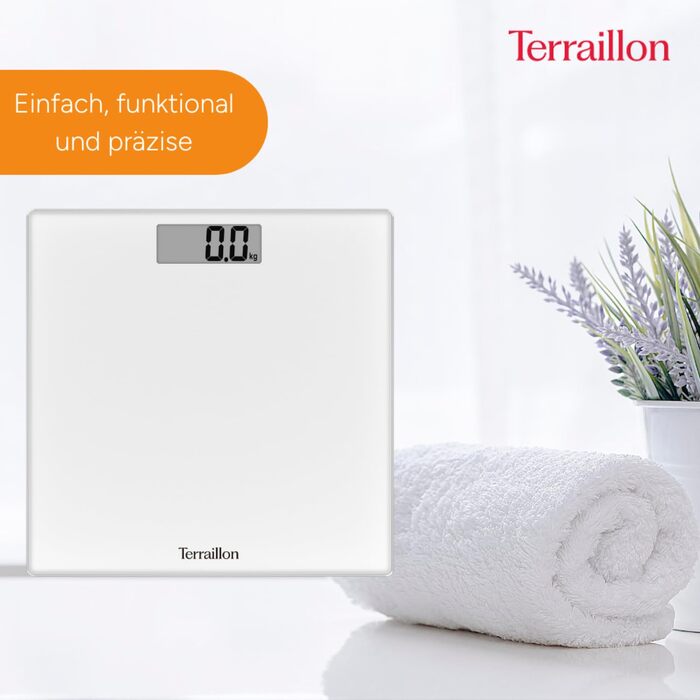 Ваги підлогові Terraillon TSQUARE, скляна платформа 26x26 см, ультратонкі, великий LCD-дисплей, вантажопідйомність 180 кг, точність 100 г, білі