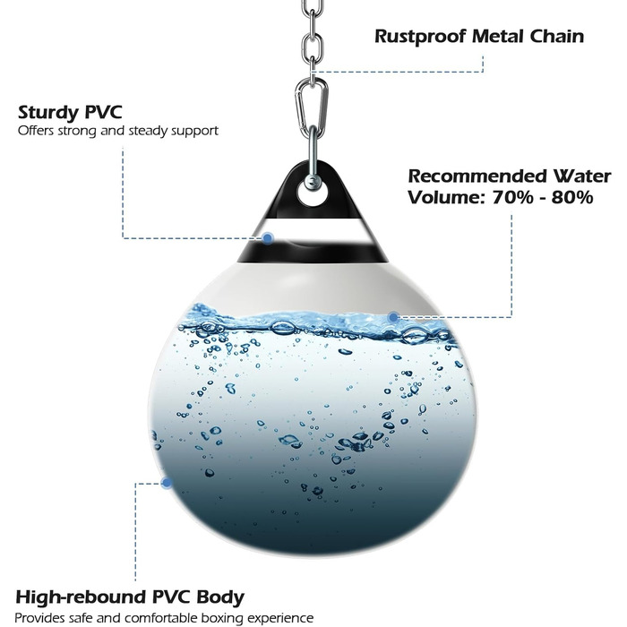 Водна боксерська груша KOMFOTTEU, боксерська боксерська груша, тренувальна мішок водонаповнювана 50 кг, боксерська груша Keeper Bag з водяним шлангом, металевим ланцюгом і карабіном, спеціальною боксерською грушею для дорослої молоді (біла)