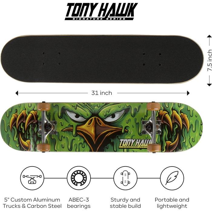 Скейтборд Tony Hawk 78,7 см Скейтборд Tony Hawk Signature Series 2 9-шаровий кленовий дек для круїзів, карвінгу, трюків і швидкісного спуску Slime Hawk