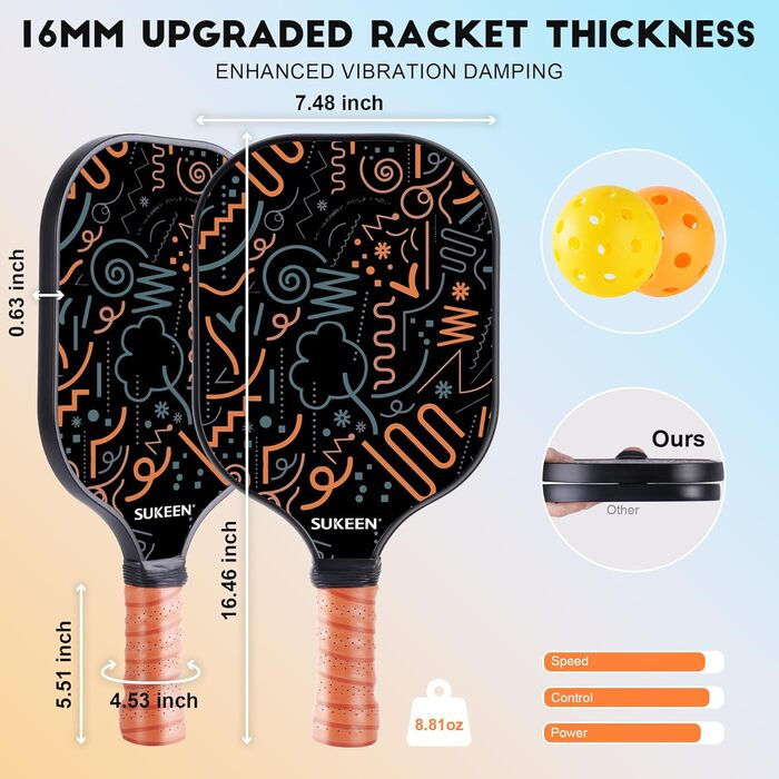 Ракетка Sukeen Pickleball, T700 Carbon, 16 мм стільниковий сердечник