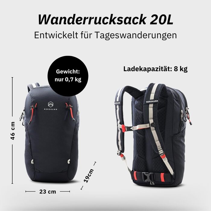Туристичний рюкзак NORDKAMM 20 л з Robic Nylon, для жінок і чоловіків, легкий 680 г, з дощовиком
