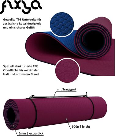 Килимок для тренувань FLXYA TPE Yoga Mat без фталатів 183 x 61 x 0,6 см, додатково з NBR Yoga Pad 25 x 61 x 1.5 см, не ковзає, подушки для фітнесу Подушка для коліна Подушка для йоги Килимок для занять спортом Пілатес малий ремінь для перенесення (баклажа